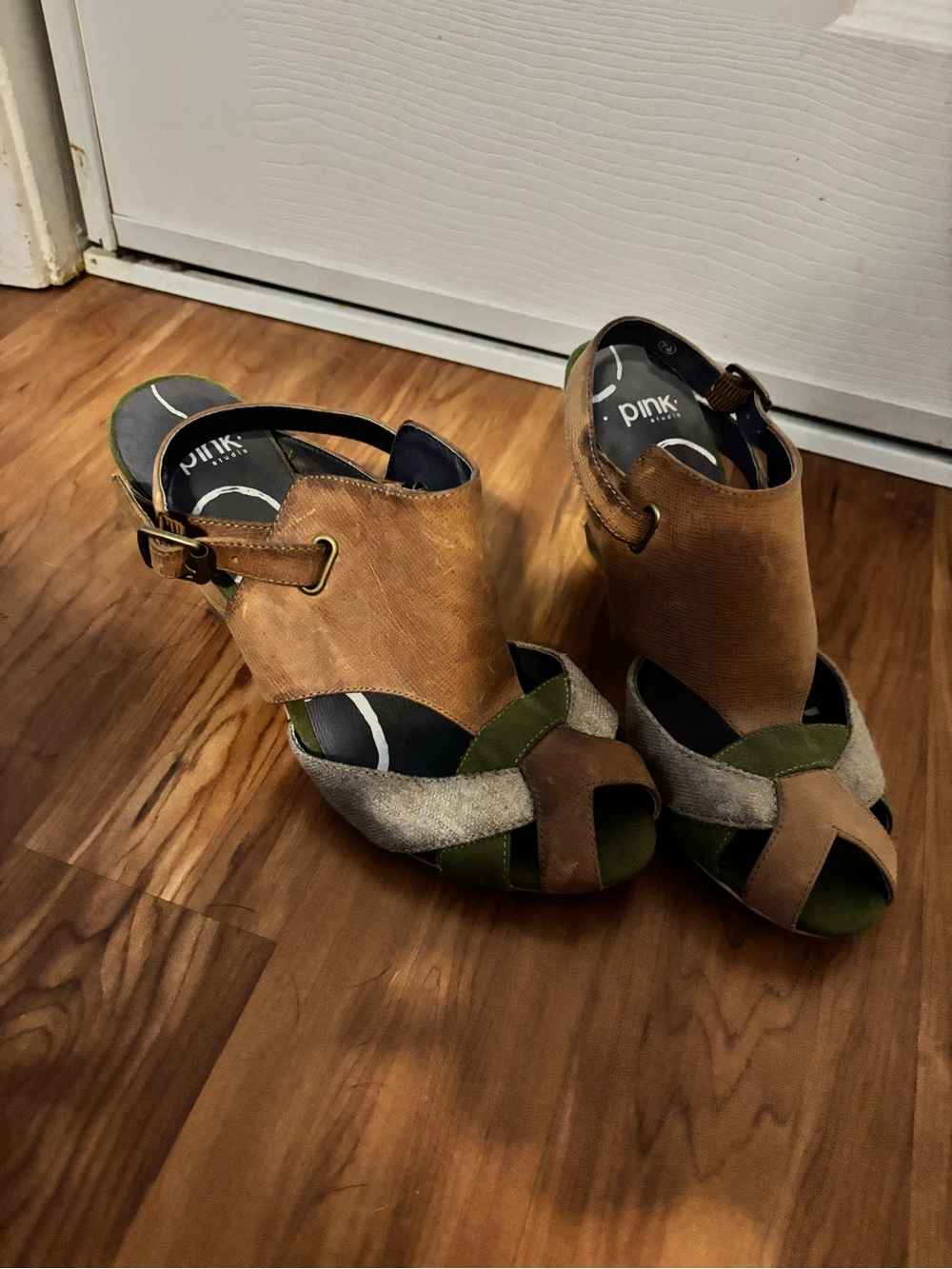 Pink & Pepper Women’s Tan, Green and Gray Suede Open-Toe Slingback Heels